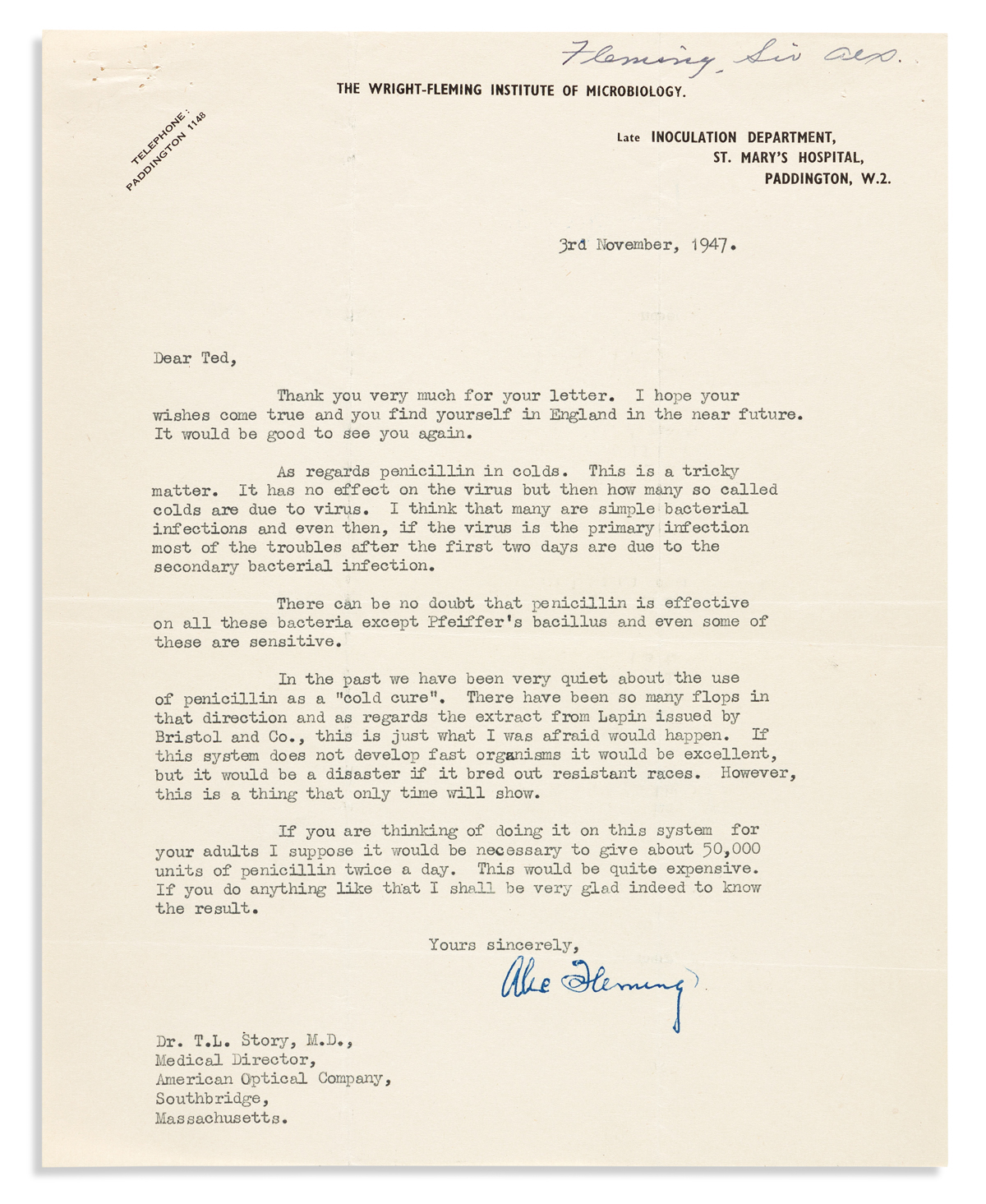 (MEDICINE.) FLEMING, ALEXANDER. Typed Letter Signed, Alex Fleming, to Dr. Theodore L. Story (Dear Ted),